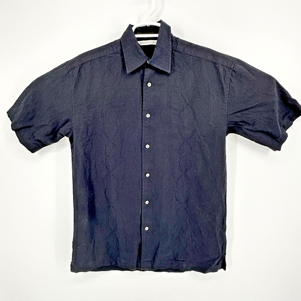 Monte Carlo Men's Short Sleeve Shirt S Black Embroidered Linen Blend Button Up - Picture 1 of 7